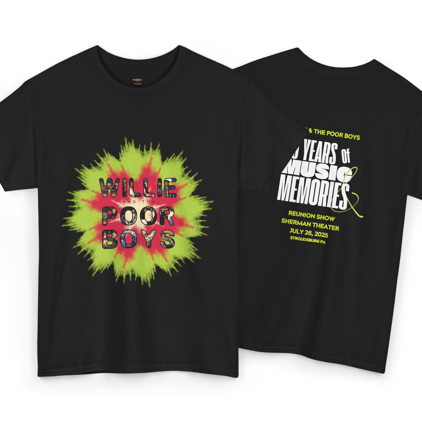 Photo Collage Band Name Front with Tie-Dye Burst & 40 Years of Music & Memories Back – Unisex T-Shirt (Various Colors Available)