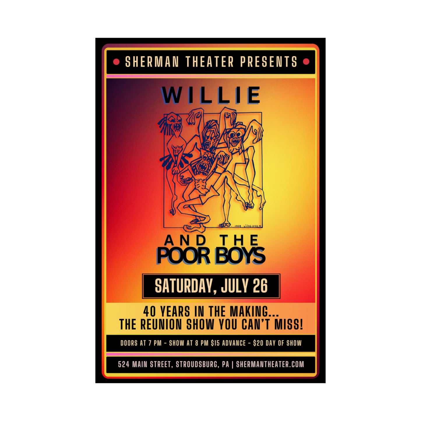 Reunion Concert Poster (Orange Hues) – Willie and the Poor Boys (Satin Finish, Retro Design)