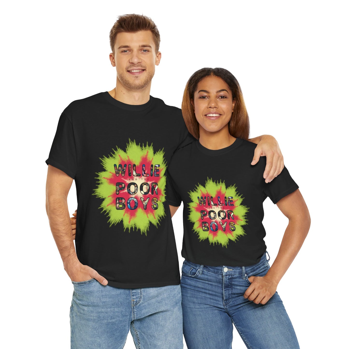 Photo Collage Band Name Front with Tie-Dye Burst & 40 Years of Music & Memories Back – Unisex T-Shirt (Various Colors Available)