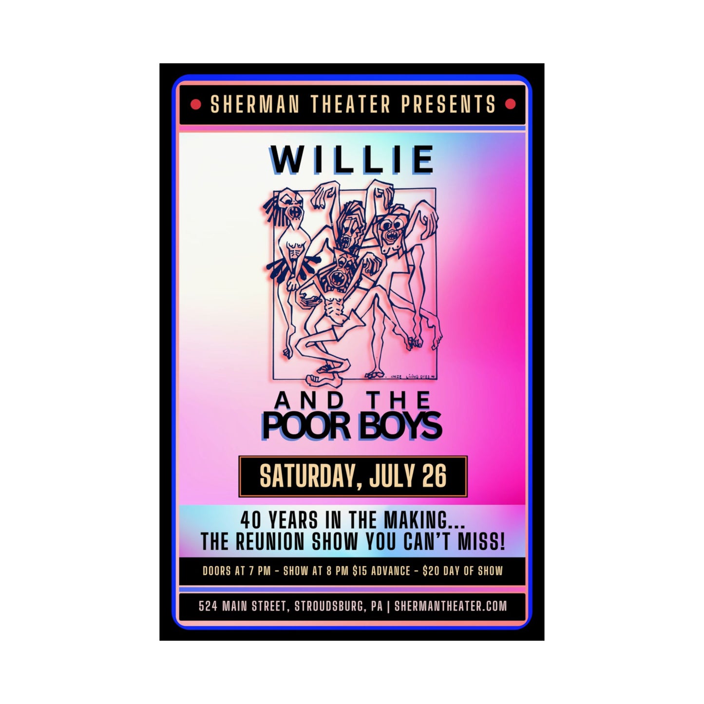 Reunion Concert Poster (Pink Hues) – Willie and the Poor Boys (Satin Finish, Retro Design)