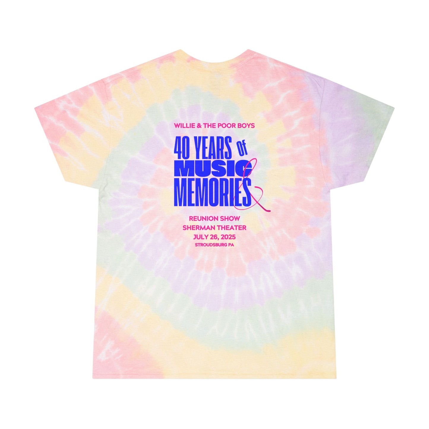 Tie Dye Spiral "Music & Memories" Artwork Back with Logo Front - Unisex Tee (2 colors available)
