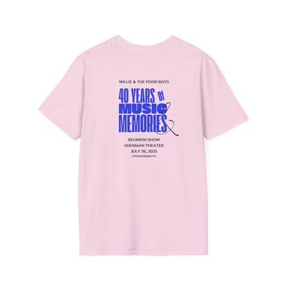Solid Colors - "40 Years of Music & Memories" Back with Full Color Logo Front - Softstyle T-Shirt (Various Colors Available)