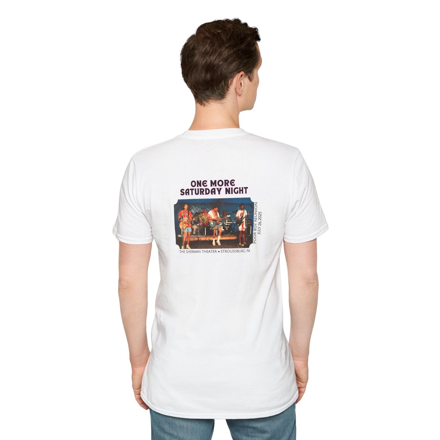 Solid Colors - "One More Saturday Night" Retro Band Photo Back with Front Logo - Unisex Softstyle T-Shirt (Various Colors Available)