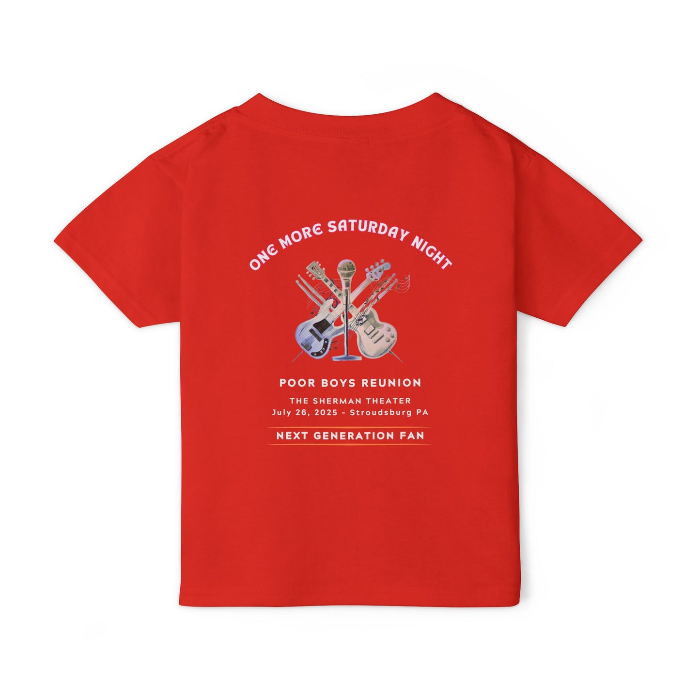 Toddler “Next Generation Fan” T-Shirt with Band Logo Front & “One More Saturday Night” Back