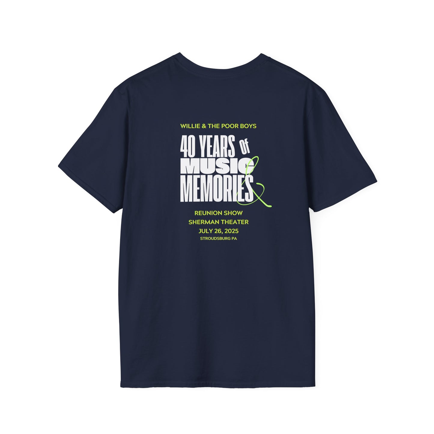 Solid Colors - "40 Years of Music & Memories" Artwork Back with Logo Front - Softstyle T-Shirt (Various Colors Available)