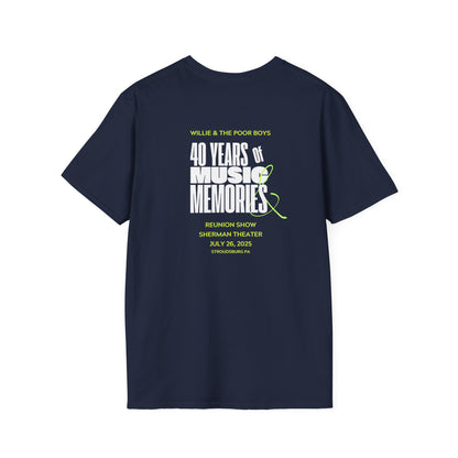 Solid Colors - "40 Years of Music & Memories" Artwork Back with Logo Front - Softstyle T-Shirt (Various Colors Available)