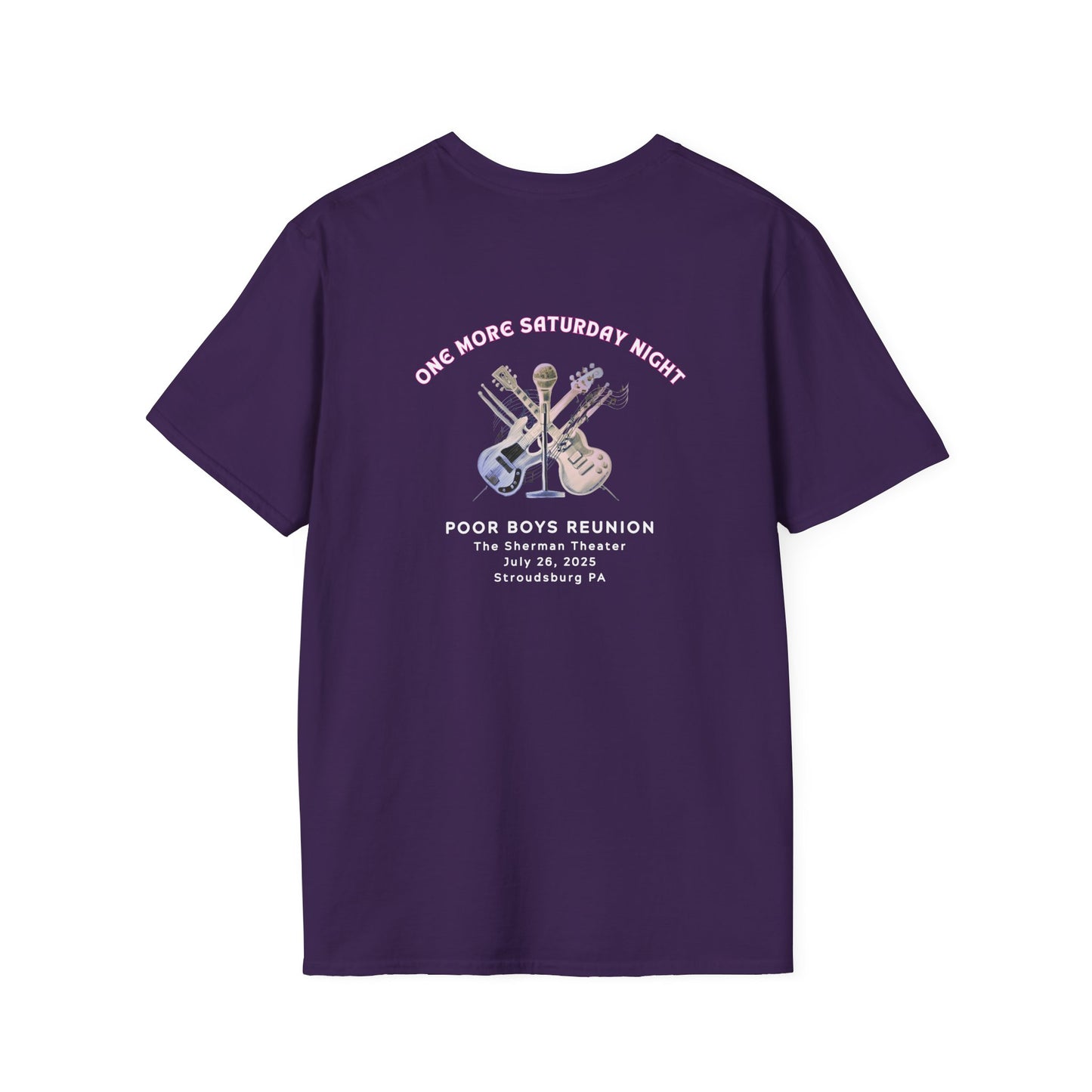 Copy of Solid Colors "One More Saturday Night" with Instruments Artwork Back & Logo Front - Softstyle T-Shirt (Various Colors Available)