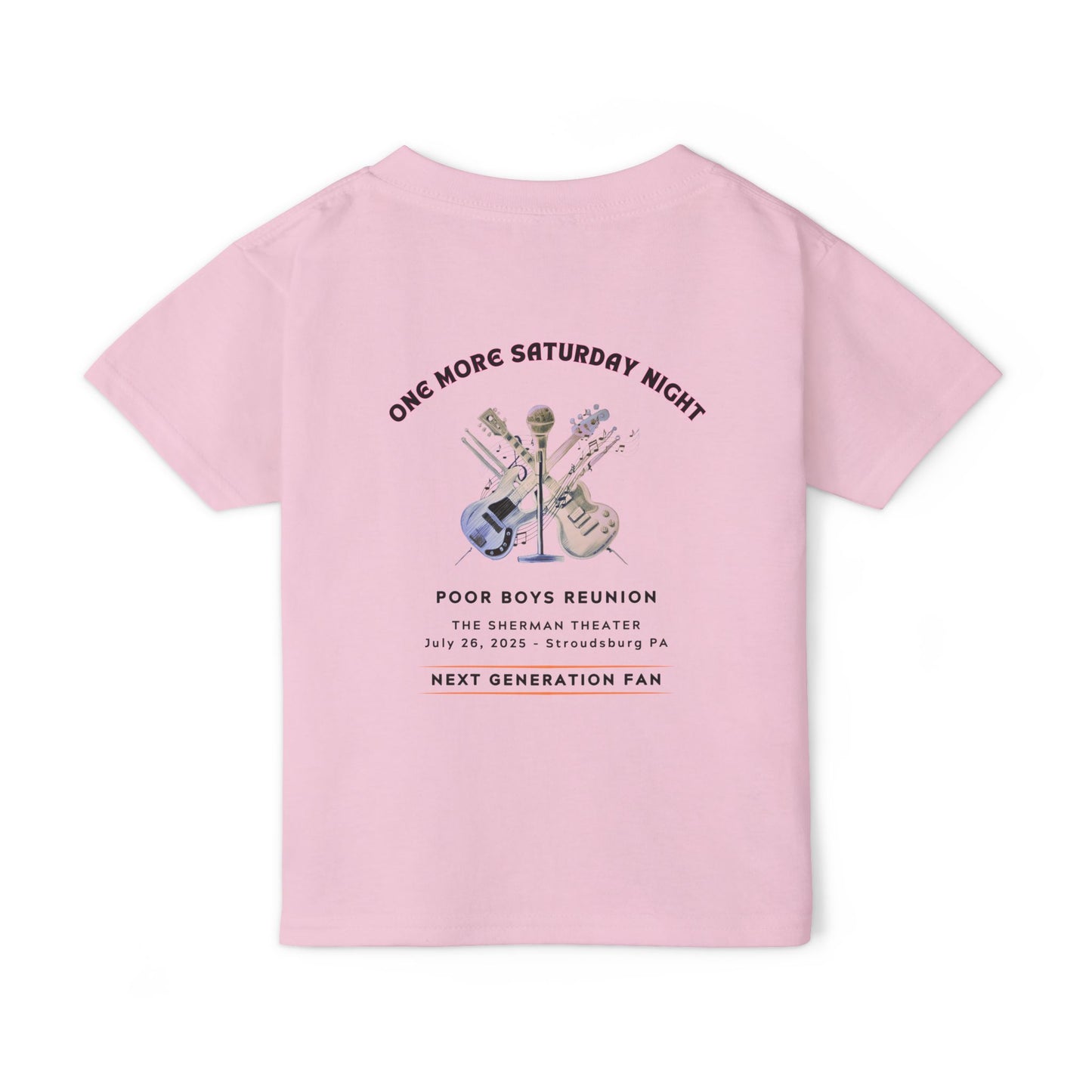 Toddler “Next Generation Fan” T-Shirt with Band Logo Front & “One More Saturday Night” Back