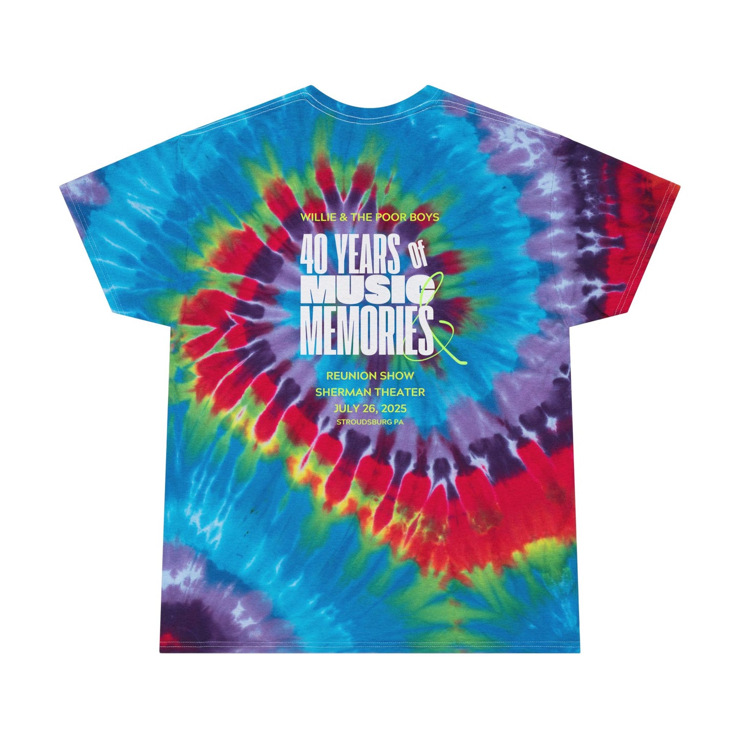 Tie Dye Spiral "Music & Memories" Artwork Back with Logo Front - Unisex Tee (2 colors available)