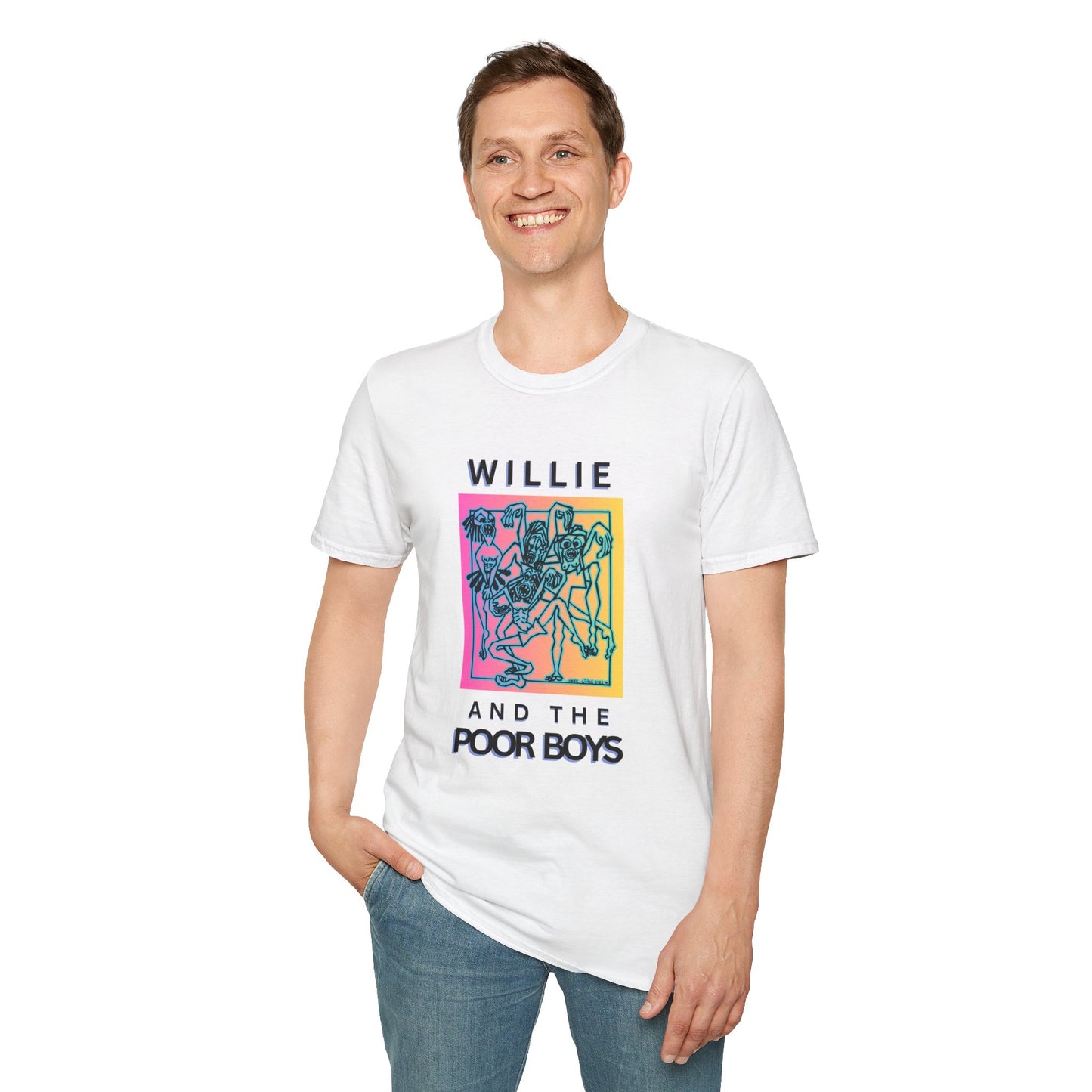 Solid Colors - "One More Saturday Night" Retro Band Photo Back with Front Logo - Unisex Softstyle T-Shirt (Various Colors Available)