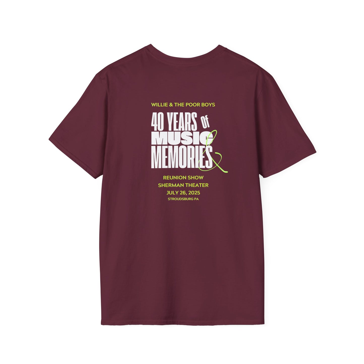Solid Colors - "40 Years of Music & Memories" Back with Full Color Logo Front - Softstyle T-Shirt (Various Colors Available)