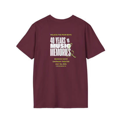 Solid Colors - "40 Years of Music & Memories" Back with Full Color Logo Front - Softstyle T-Shirt (Various Colors Available)