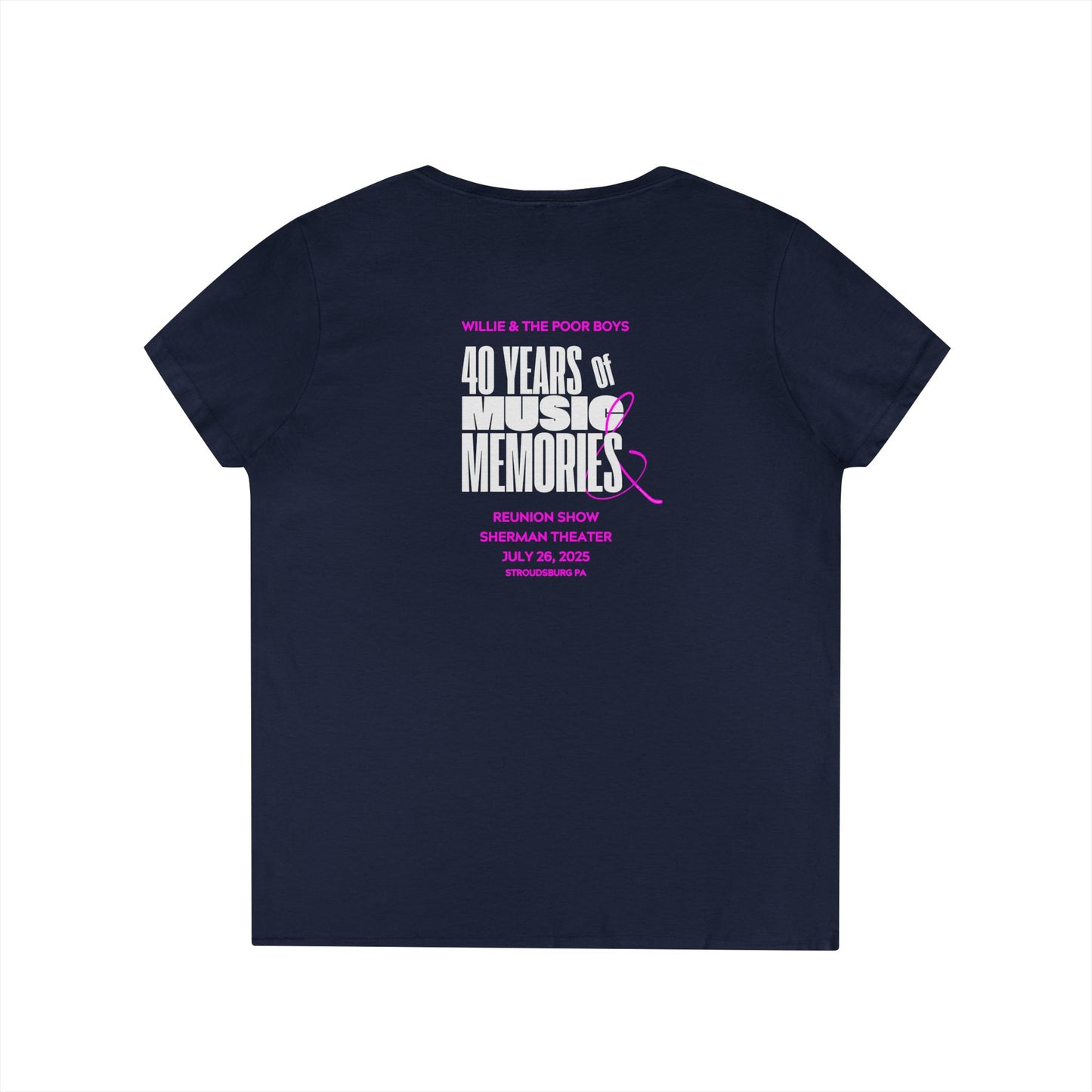 Ladies' V-Neck – Vintage Band Photo Front & 40 Years of Music & Memories Back (Various Colors Available)