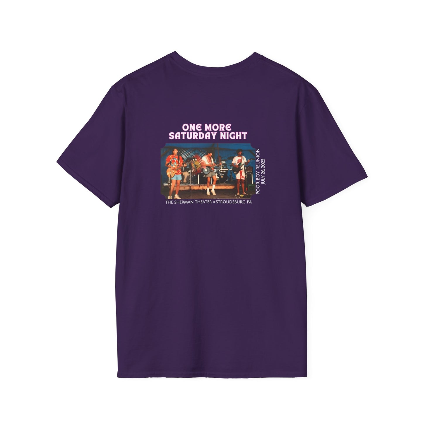 Solid Colors - "One More Saturday Night" Retro Band Photo Back with Front Logo - Unisex Softstyle T-Shirt (Various Colors Available)
