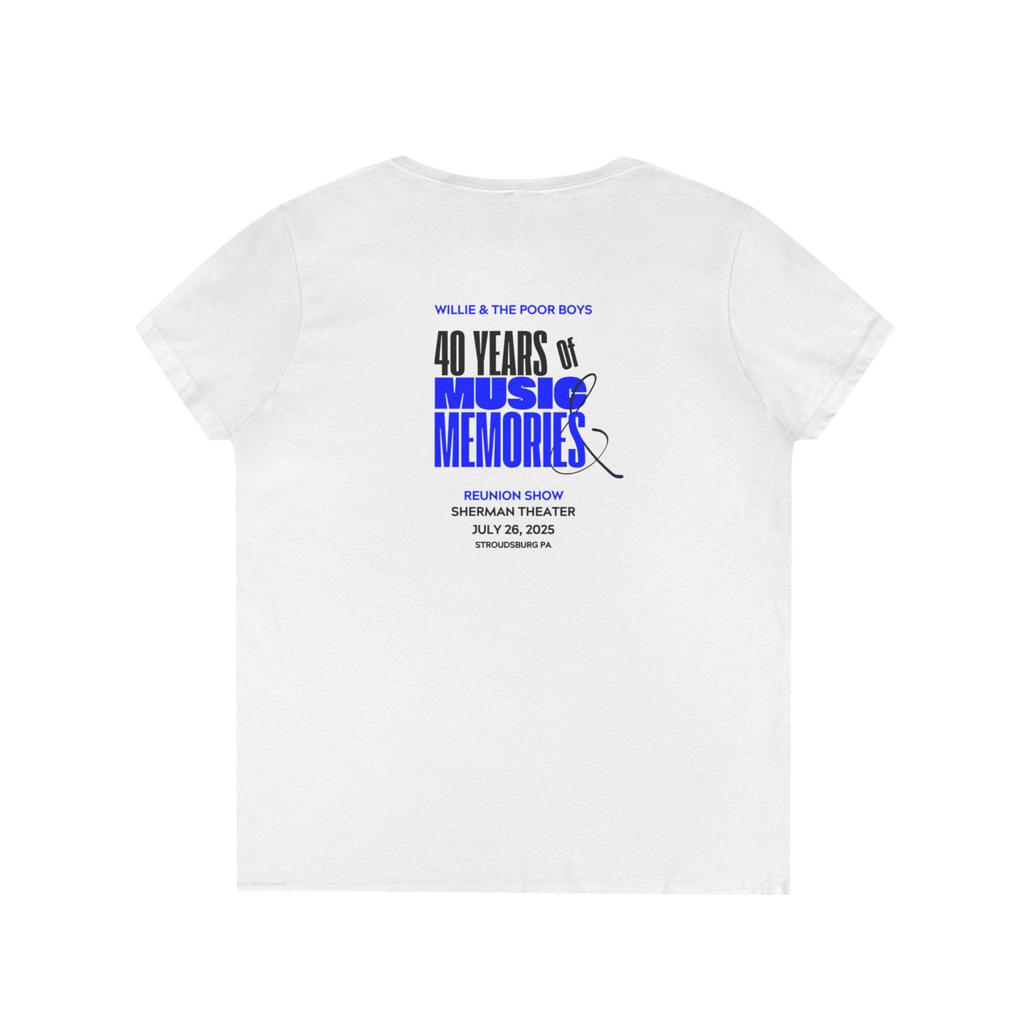 Ladies' V-Neck – Vintage Band Photo Front & 40 Years of Music & Memories Back (Various Colors Available)