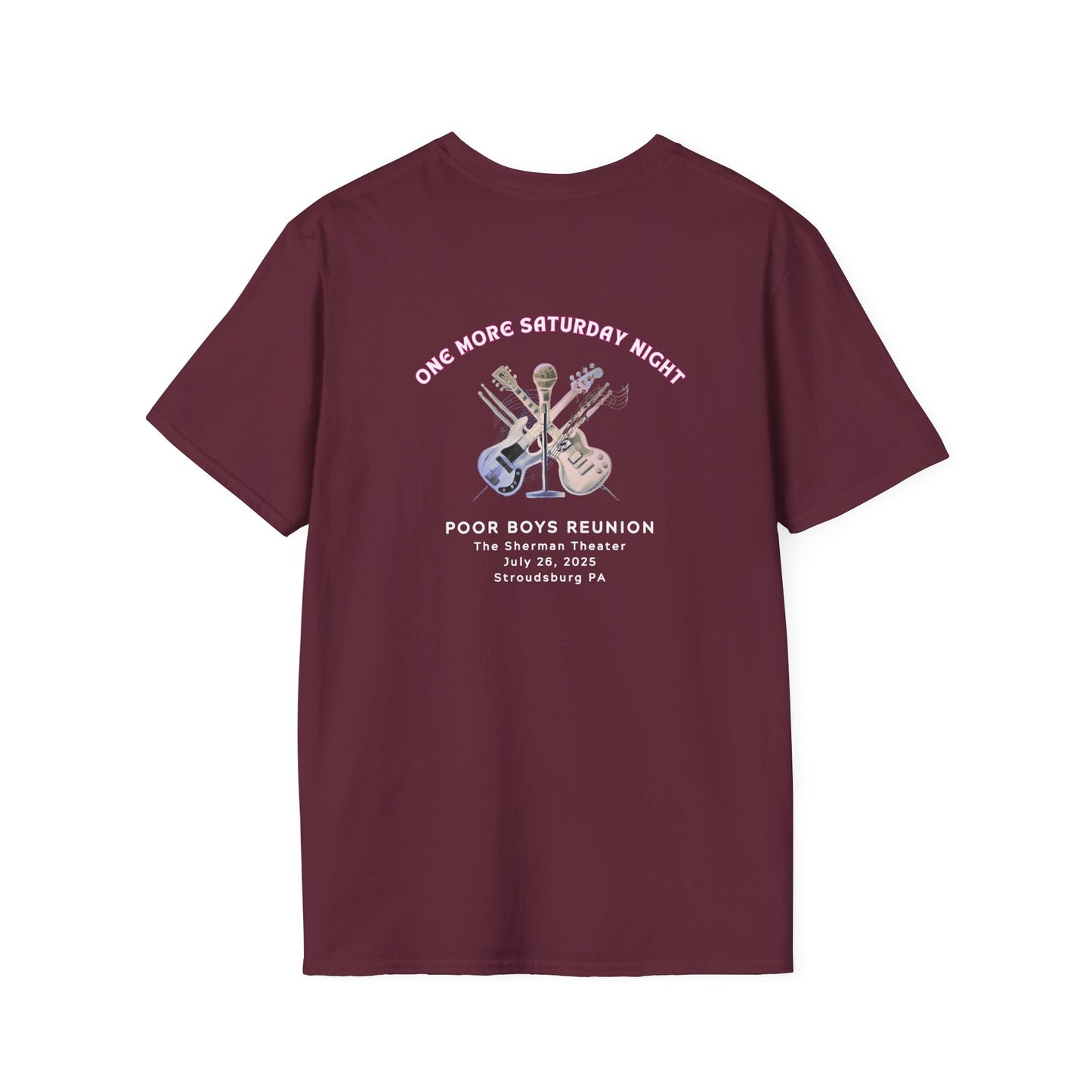 Copy of Solid Colors "One More Saturday Night" with Instruments Artwork Back & Logo Front - Softstyle T-Shirt (Various Colors Available)