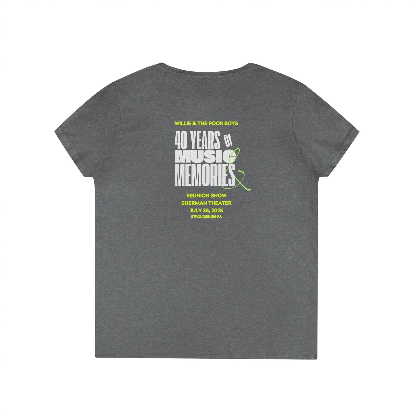Ladies' V-Neck – Vintage Band Photo Front & 40 Years of Music & Memories Back (Various Colors Available)