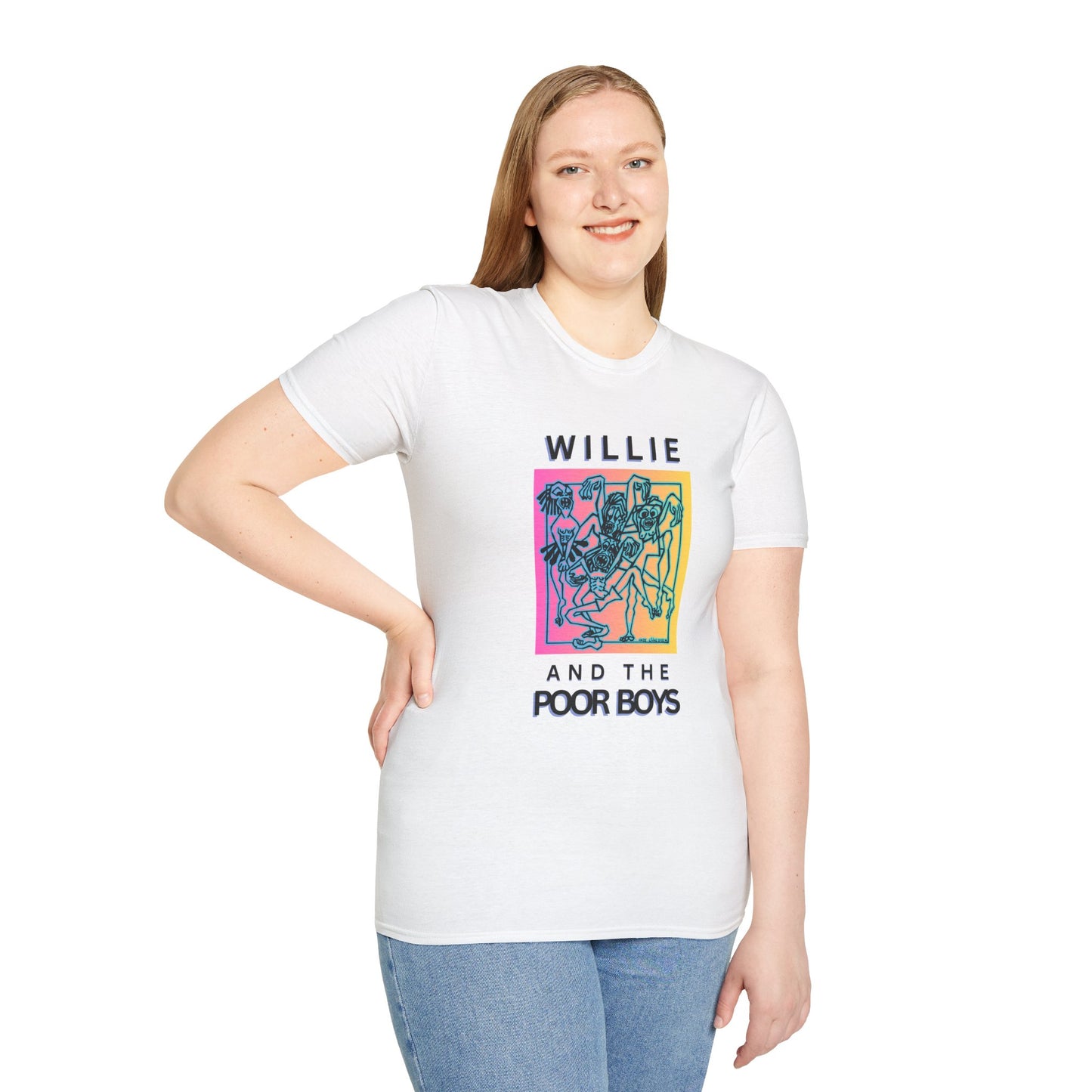 Solid Colors - "One More Saturday Night" Retro Band Photo Back with Front Logo - Unisex Softstyle T-Shirt (Various Colors Available)