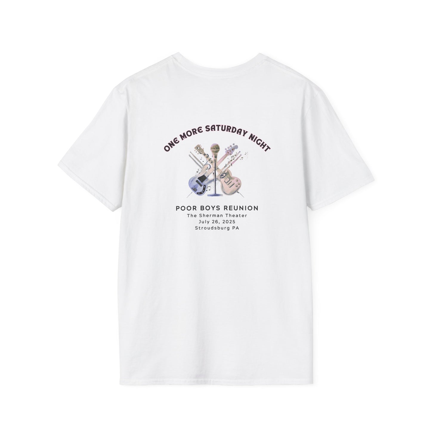Copy of Solid Colors "One More Saturday Night" with Instruments Artwork Back & Logo Front - Softstyle T-Shirt (Various Colors Available)