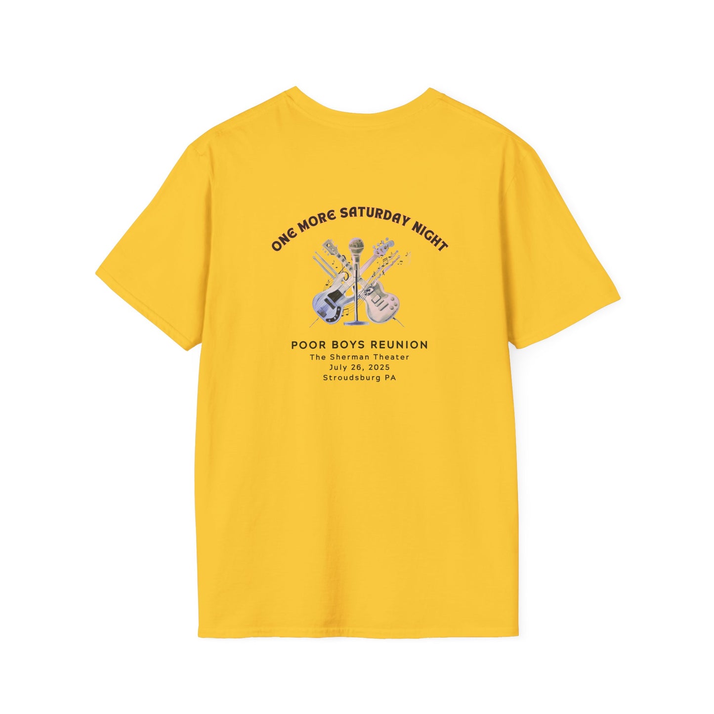 Copy of Solid Colors "One More Saturday Night" with Instruments Artwork Back & Logo Front - Softstyle T-Shirt (Various Colors Available)