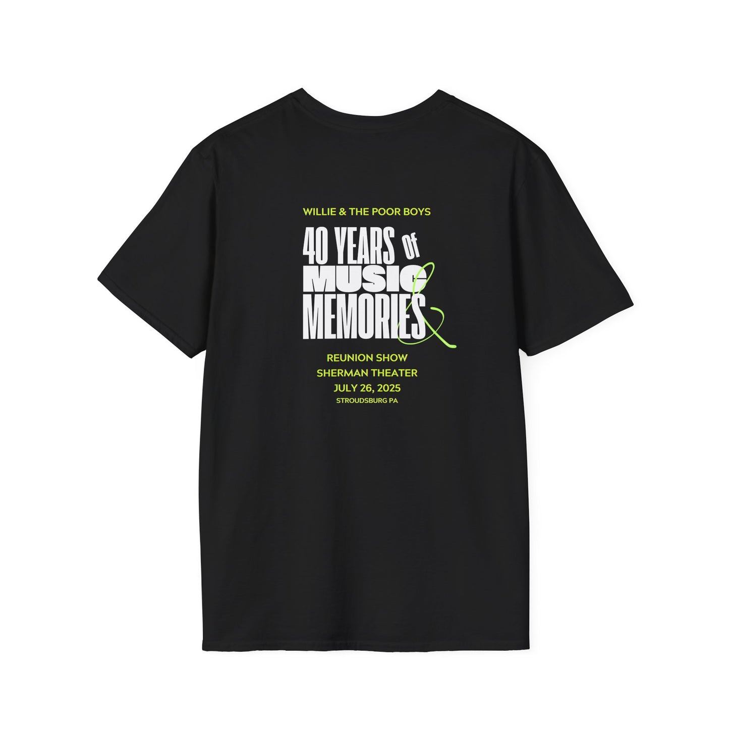 Solid Colors - "40 Years of Music & Memories" Back with Full Color Logo Front - Softstyle T-Shirt (Various Colors Available)
