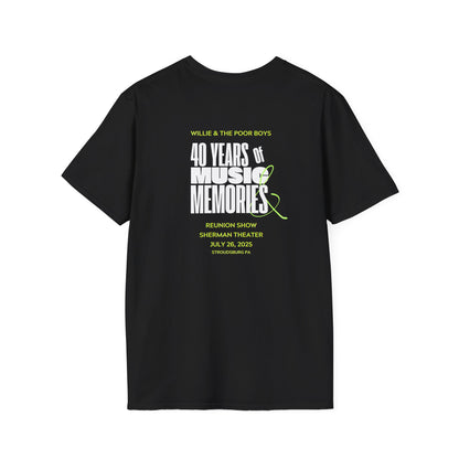 Solid Colors - "40 Years of Music & Memories" Back with Full Color Logo Front - Softstyle T-Shirt (Various Colors Available)