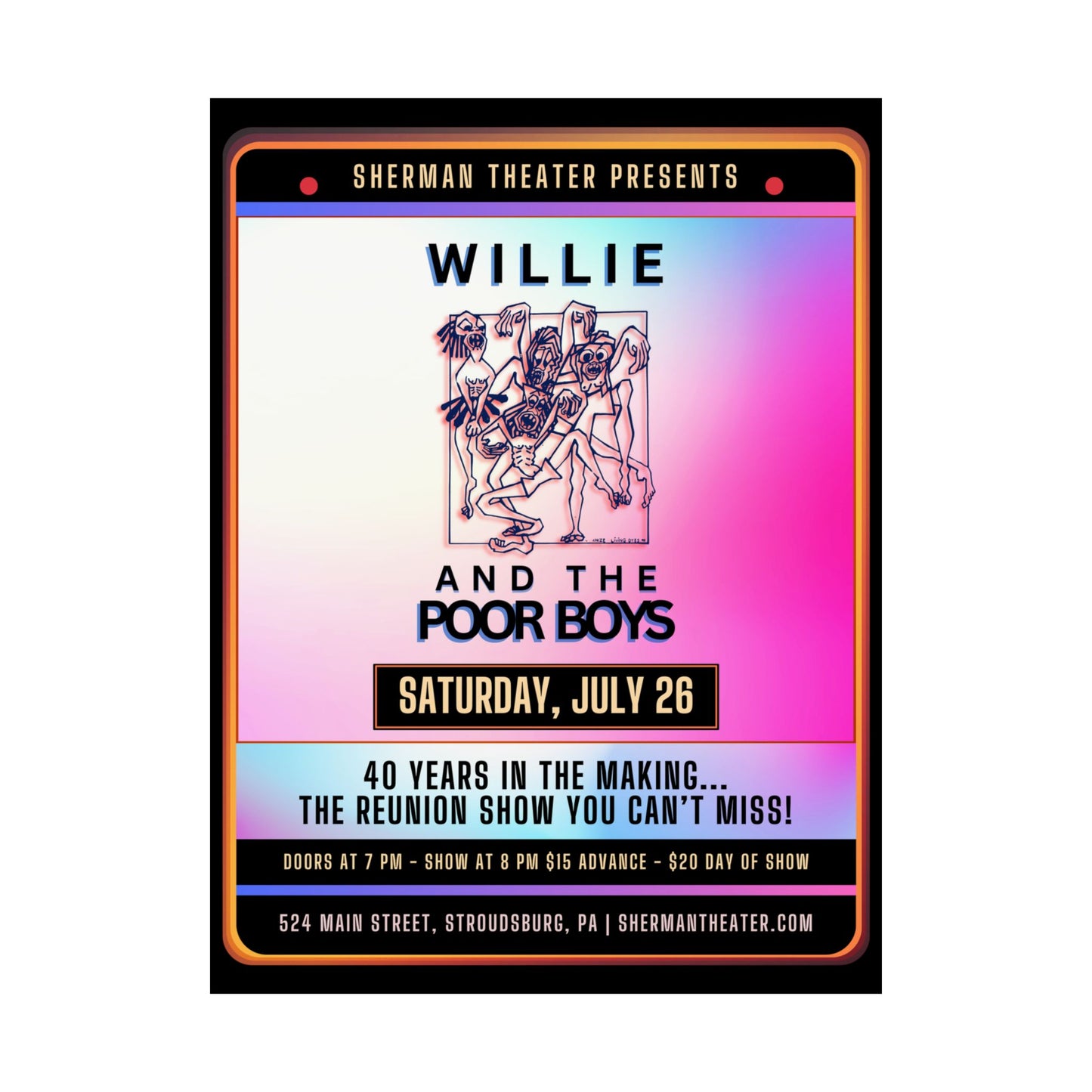 Reunion Concert Poster (Pink Hues) – Willie and the Poor Boys (Satin Finish, Retro Design)