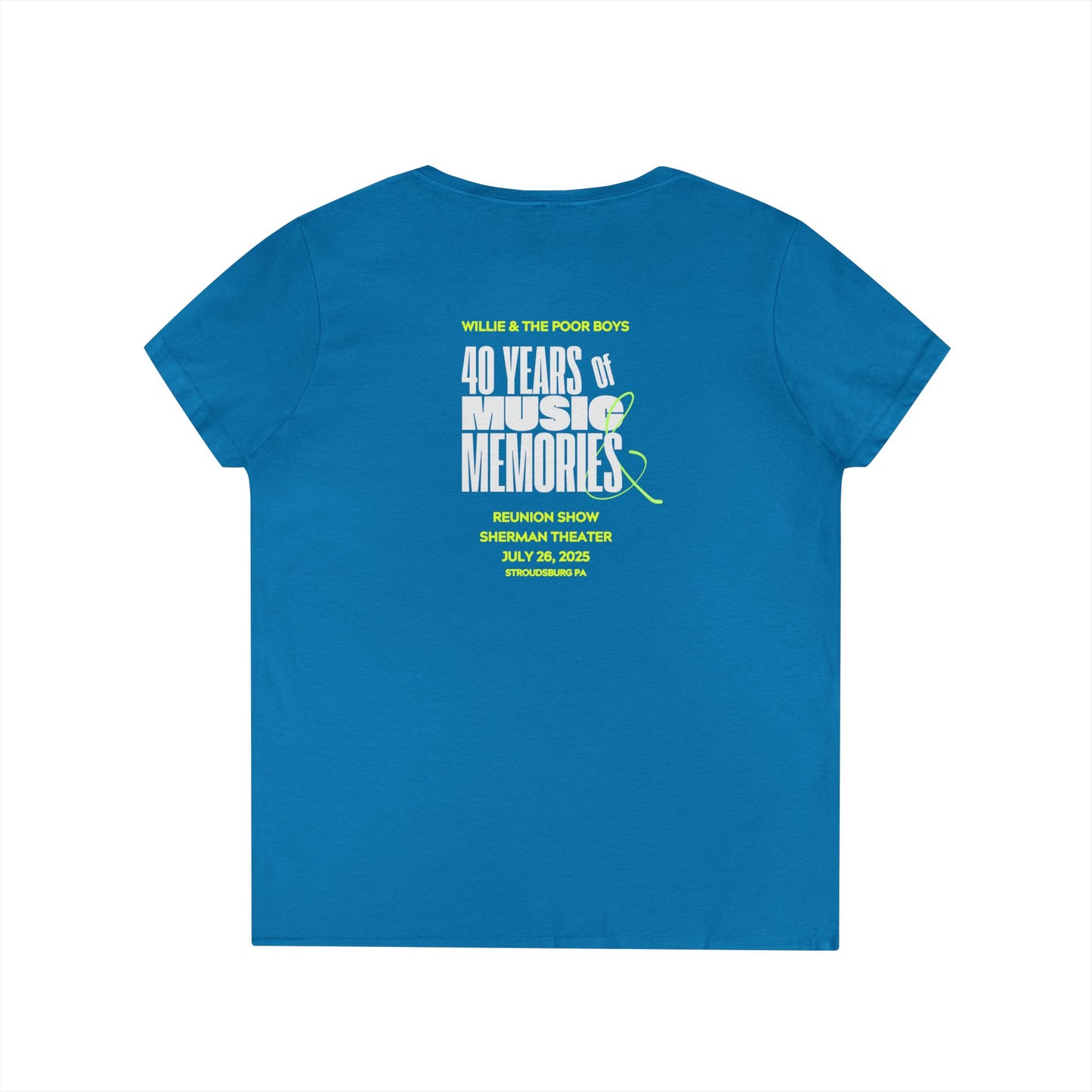 Ladies' V-Neck – Vintage Band Photo Front & 40 Years of Music & Memories Back (Various Colors Available)