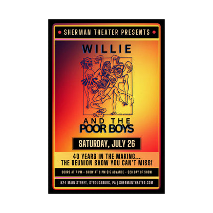 Reunion Concert Poster (Orange Hues) – Willie and the Poor Boys (Satin Finish, Retro Design)