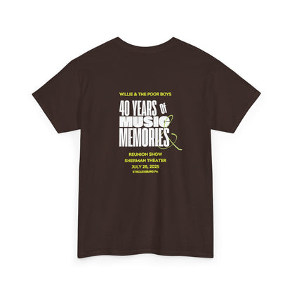 Photo Collage Band Name Front with Tie-Dye Burst & 40 Years of Music & Memories Back – Unisex T-Shirt (Various Colors Available)