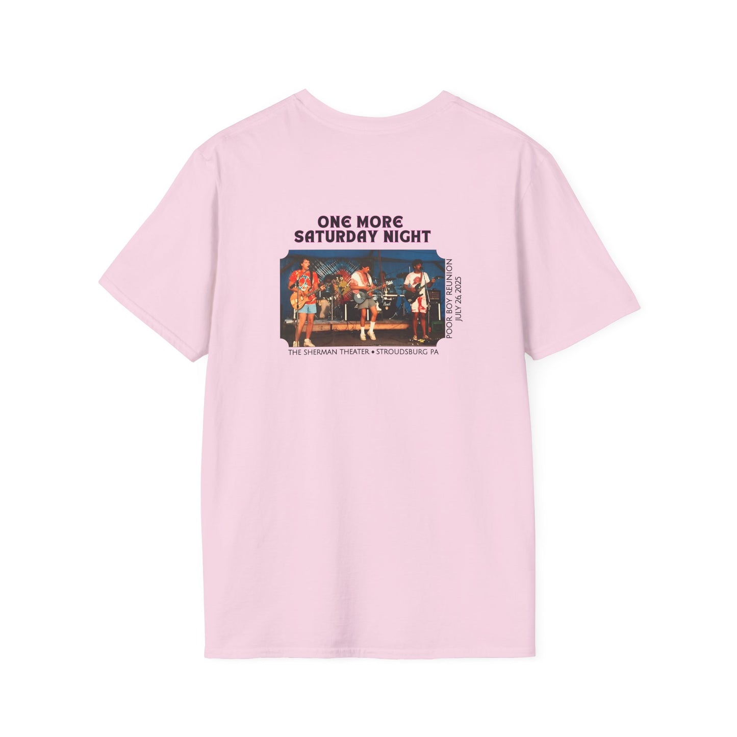 Solid Colors - "One More Saturday Night" Retro Band Photo Back with Front Logo - Unisex Softstyle T-Shirt (Various Colors Available)