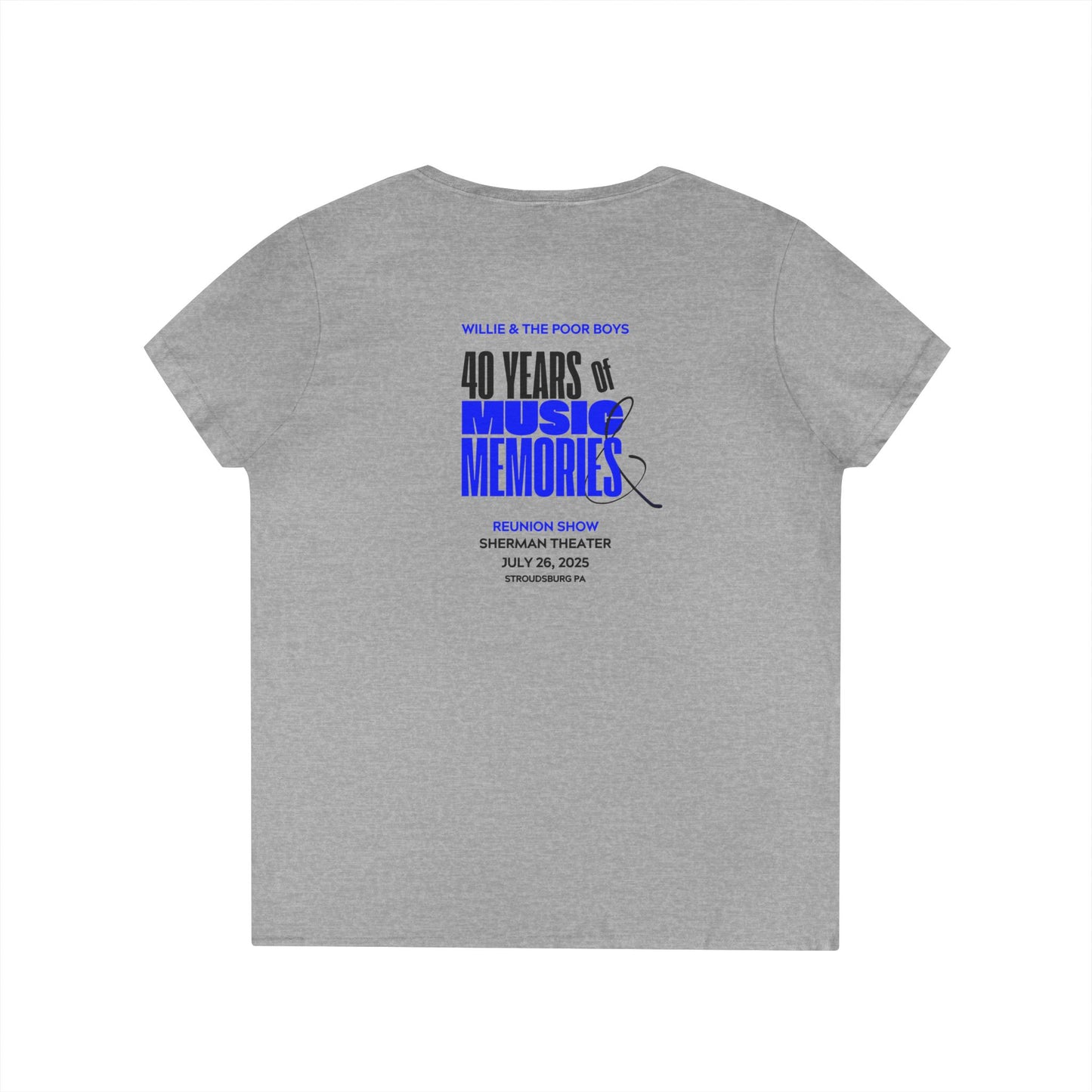 Ladies' V-Neck – Vintage Band Photo Front & 40 Years of Music & Memories Back (Various Colors Available)