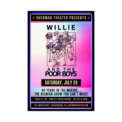 Reunion Concert Poster (Pink Hues) – Willie and the Poor Boys (Satin Finish, Retro Design)