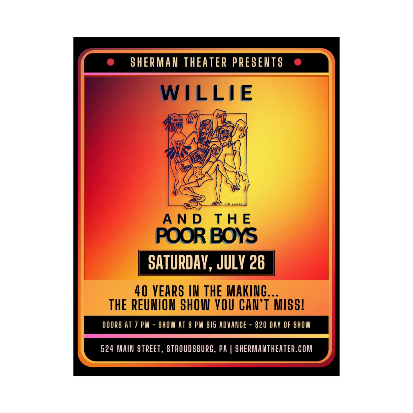 Reunion Concert Poster (Orange Hues) – Willie and the Poor Boys (Satin Finish, Retro Design)