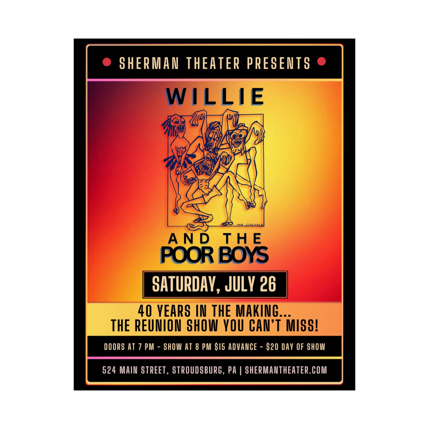 Reunion Concert Poster (Orange Hues) – Willie and the Poor Boys (Satin Finish, Retro Design)