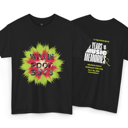 Photo Collage Band Name Front with Tie-Dye Burst & 40 Years of Music & Memories Back – Unisex T-Shirt (Various Colors Available)