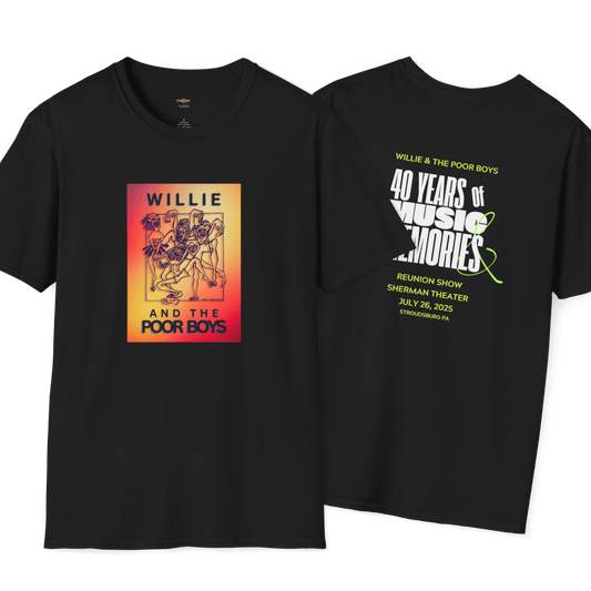 Solid Colors - "40 Years of Music & Memories" Back with Full Color Logo Front - Softstyle T-Shirt (Various Colors Available)