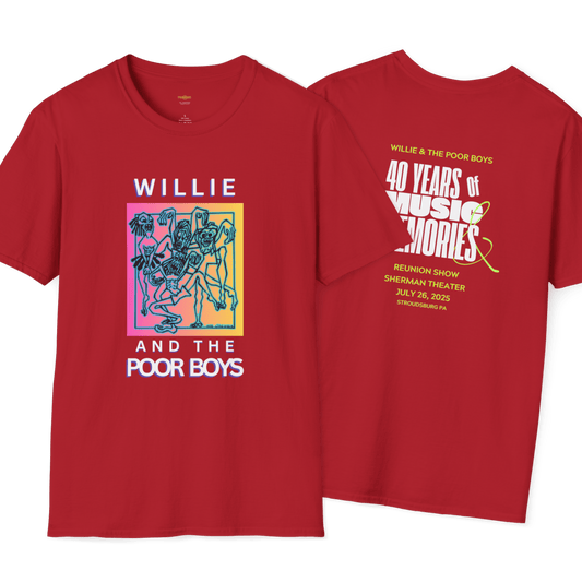 Solid Colors - "40 Years of Music & Memories" Artwork Back with Logo Front - Softstyle T-Shirt (Various Colors Available)