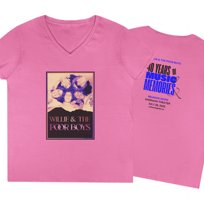 Ladies' V-Neck – Vintage Band Photo Front & 40 Years of Music & Memories Back (Various Colors Available)