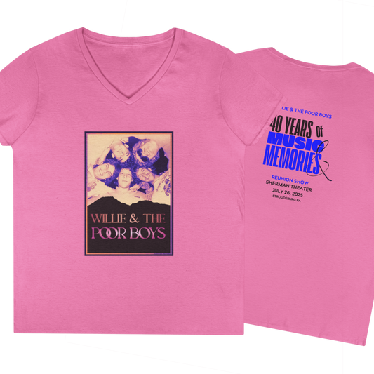 Ladies' V-Neck – Vintage Band Photo Front & 40 Years of Music & Memories Back (Various Colors Available)