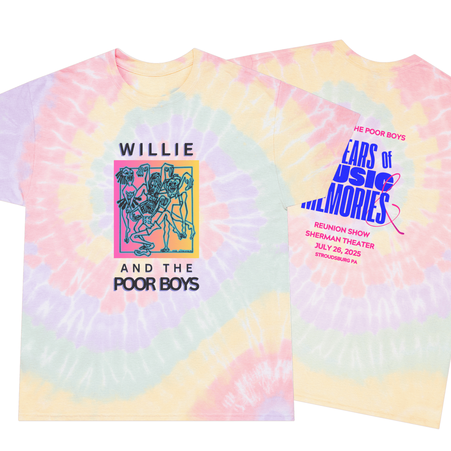 Tie Dye Spiral "Music & Memories" Artwork Back with Logo Front - Unisex Tee (2 colors available)