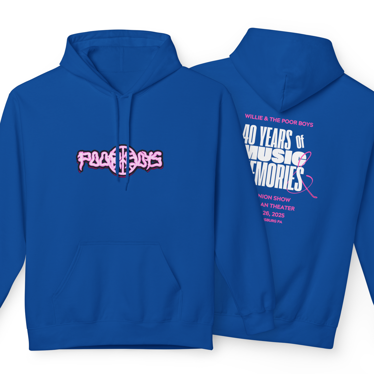 Unisex Reunion Hoodie – Poor Boys Logo Front with 40 Years of Music & Memories Back (Various Colors Available)