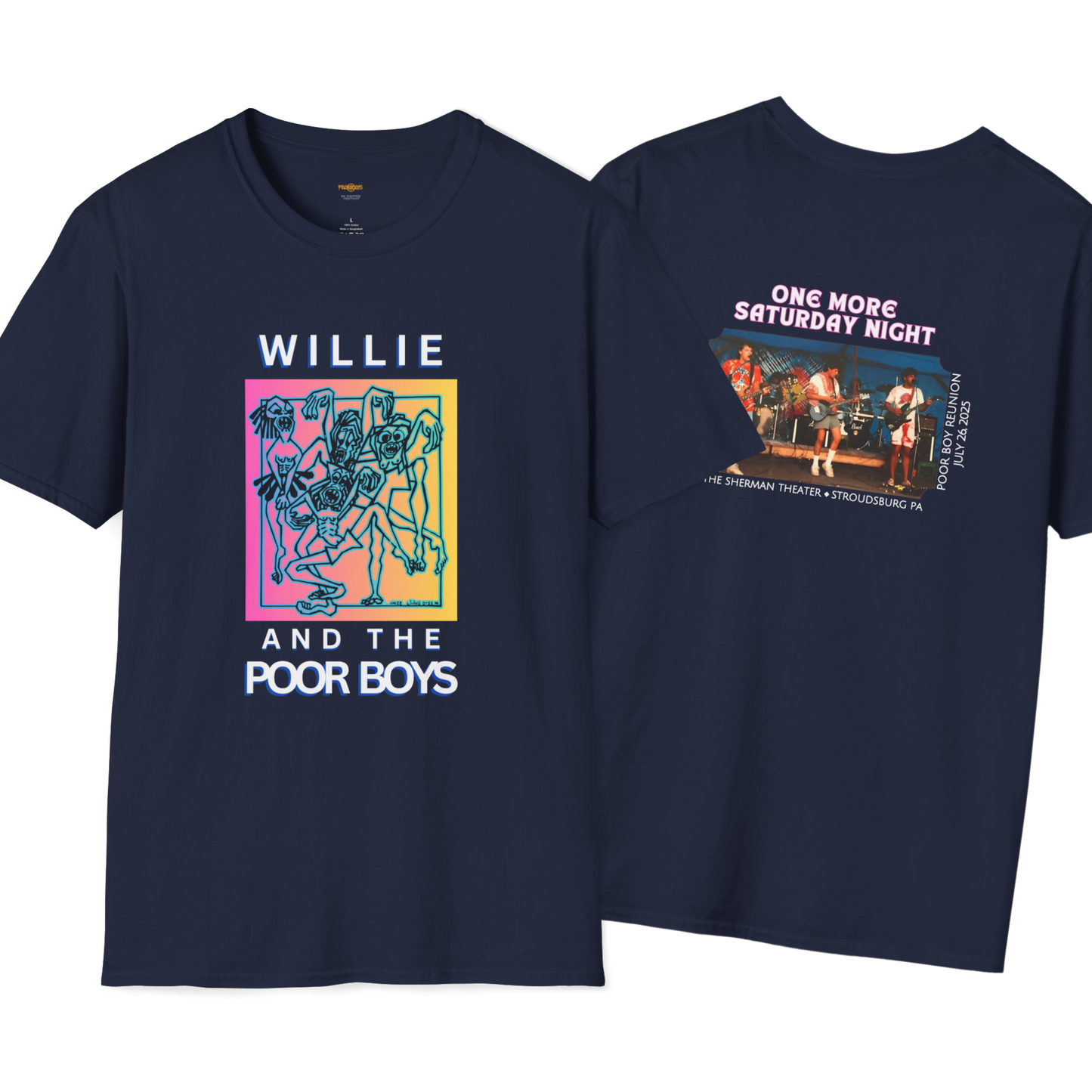 Solid Colors - "One More Saturday Night" Retro Band Photo Back with Front Logo - Unisex Softstyle T-Shirt (Various Colors Available)