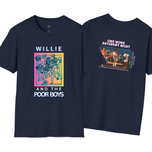 Solid Colors - "One More Saturday Night" Retro Band Photo Back with Front Logo - Unisex Softstyle T-Shirt (Various Colors Available)