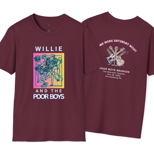 Copy of Solid Colors "One More Saturday Night" with Instruments Artwork Back & Logo Front - Softstyle T-Shirt (Various Colors Available)