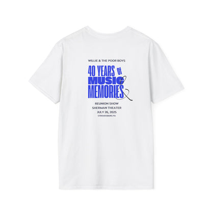 Solid Colors - "40 Years of Music & Memories" Artwork Back with Logo Front - Softstyle T-Shirt (Various Colors Available)