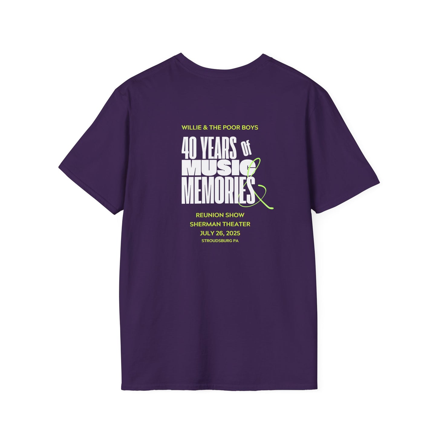 Solid Colors - "40 Years of Music & Memories" Artwork Back with Logo Front - Softstyle T-Shirt (Various Colors Available)