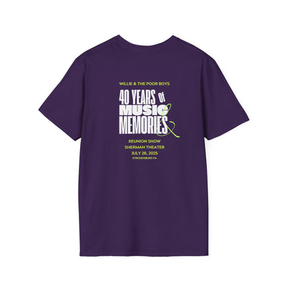 Solid Colors - "40 Years of Music & Memories" Artwork Back with Logo Front - Softstyle T-Shirt (Various Colors Available)