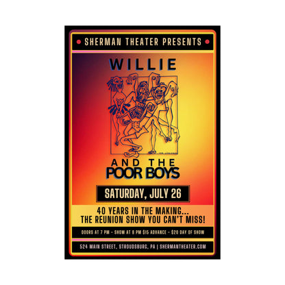 Reunion Concert Poster (Orange Hues) – Willie and the Poor Boys (Satin Finish, Retro Design)