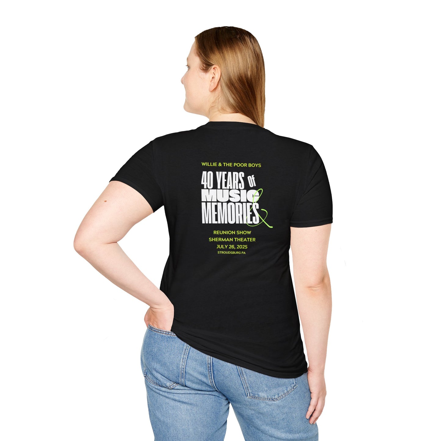 Solid Colors - "40 Years of Music & Memories" Back with Full Color Logo Front - Softstyle T-Shirt (Various Colors Available)